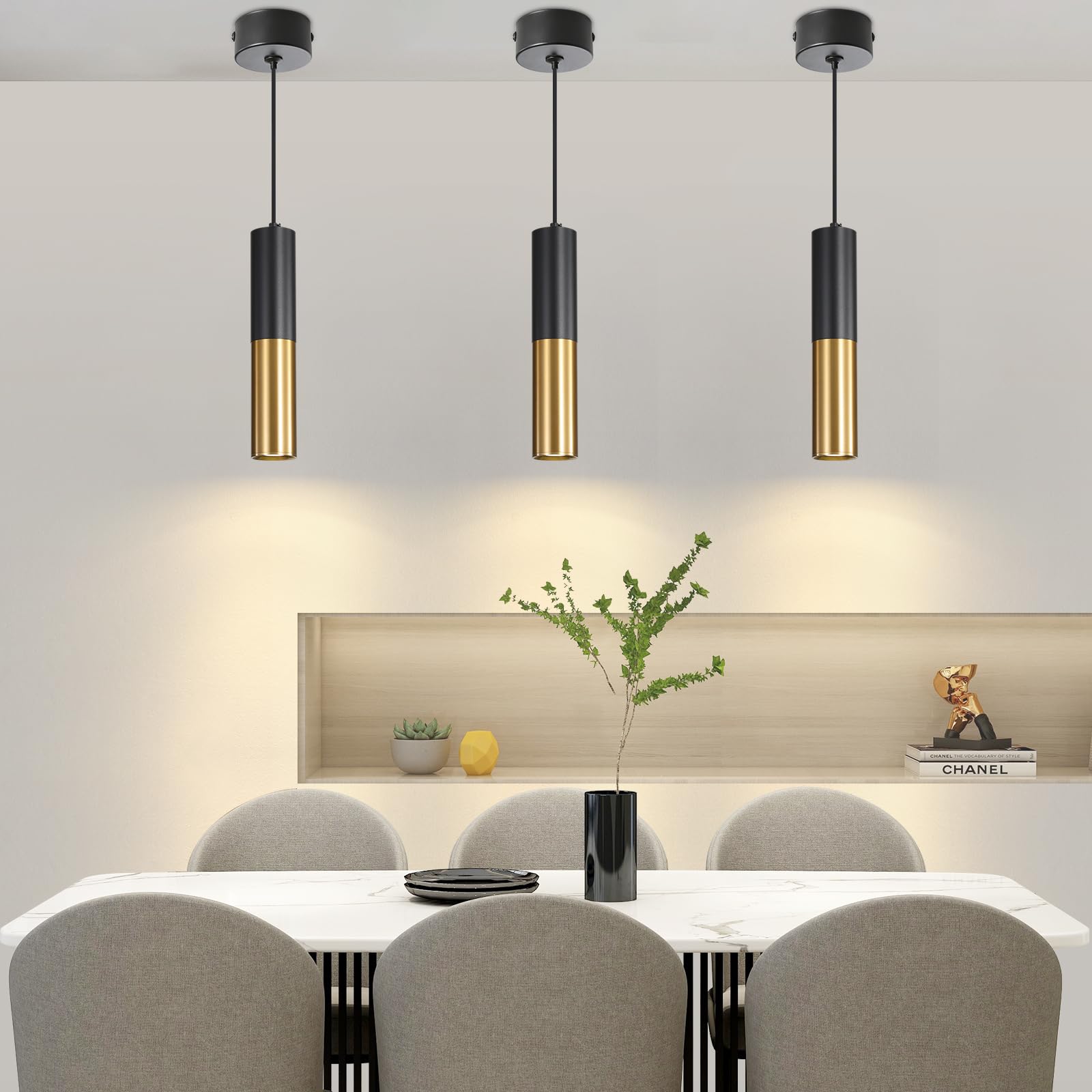 Mikeru Nowoczesna lampa wisząca LED, 3000 K/4500 k/6500 K, trójkolorowa lampa wisząca do sypialni, 30 cm, czarny + złoty żyrandol do lampy wiszącej, wyspy kuchennej, jadalni, biura i baru (3 sztuki)