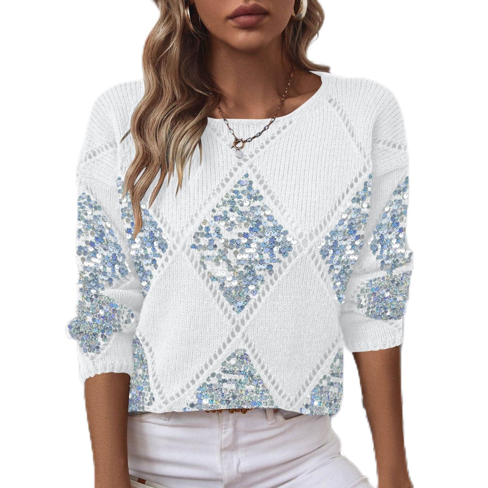 Women Crochet Sweater Trendy Comfy Sequin Crewneck Jumper Pullover Long Sleeve Spring Fall Outdoor Knit Sweaters