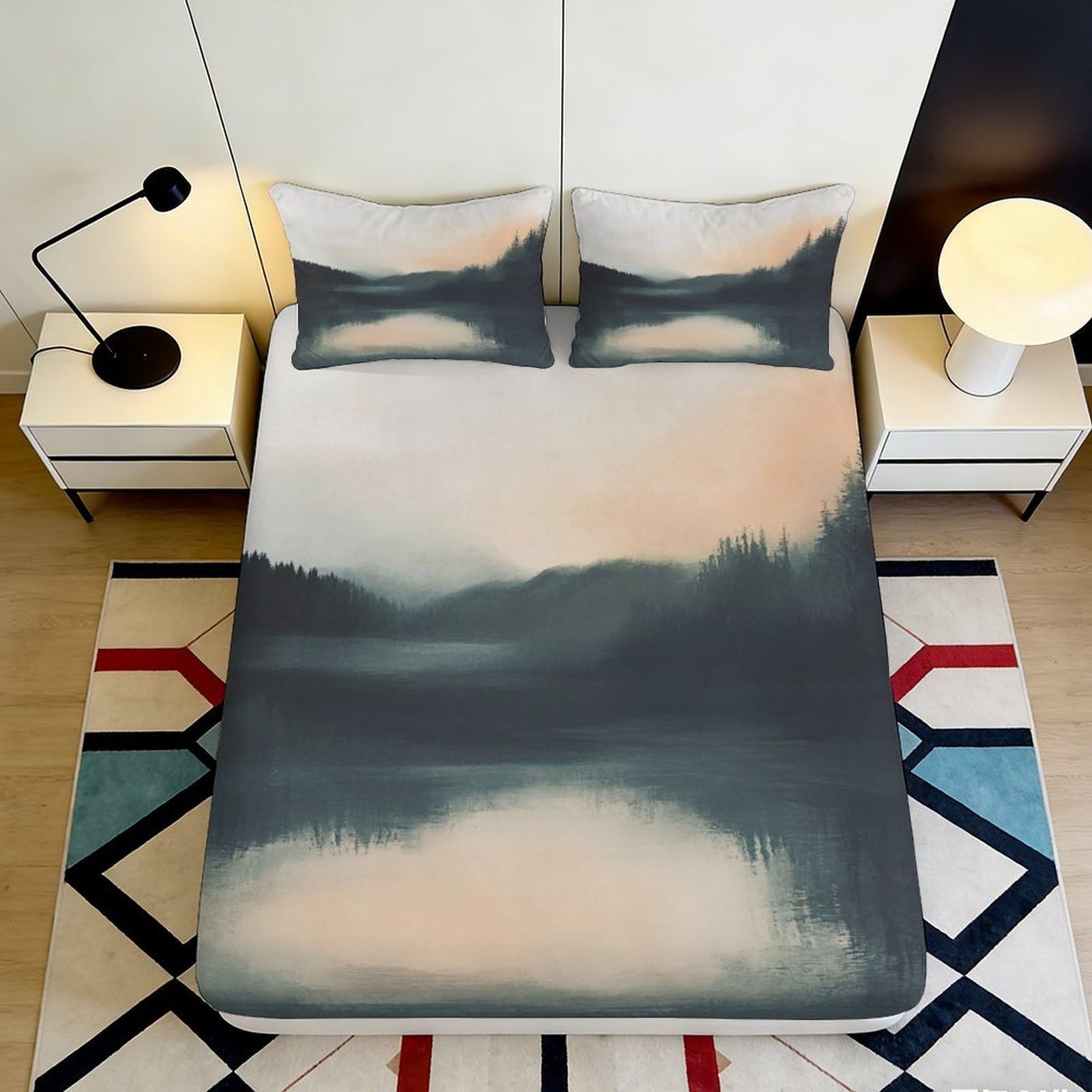 3D Printed Misty Landscape Fitted Sheet Microfiber Soft Breathable Lake Reflection Mattress Cover for Bedroom Guest Room Decor 90x200x25cm