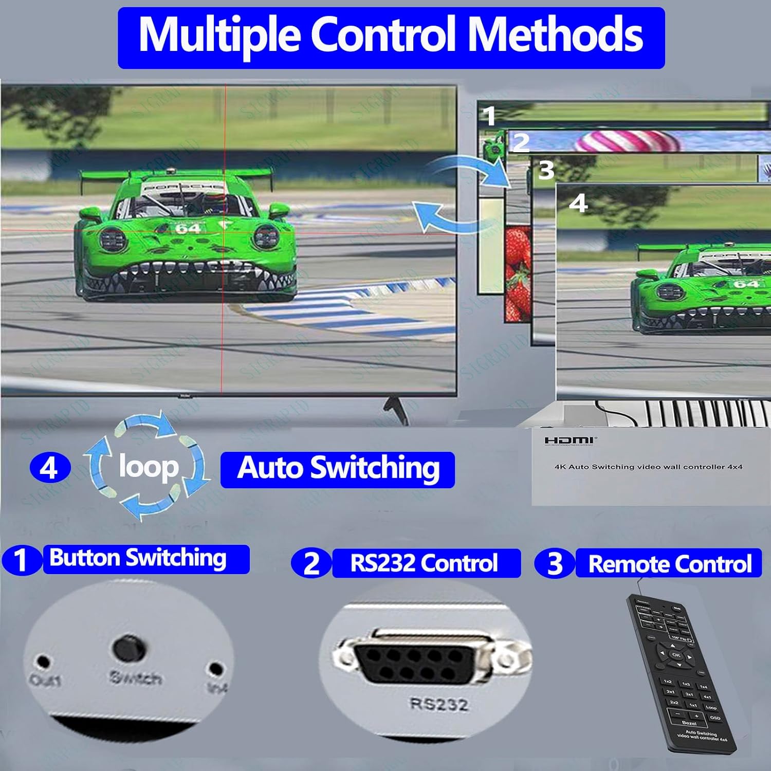 4k Video Wall Controller 4X4 Matrix Switch Splitter 4 HDMI in 4 HDMI Out Switcher 3.5mm Output Audio Support Auto Switching IR Remote RS232 180° flip 12 Splicing Modes 2x2 1x2 1x3 1x4 2x1 3x1 4x1 etc