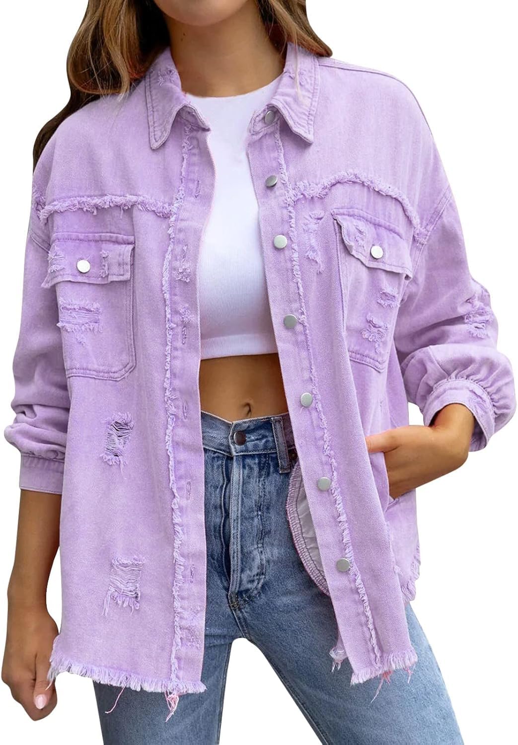 Veste en jean oversize femme violette XXL style boyfriend long