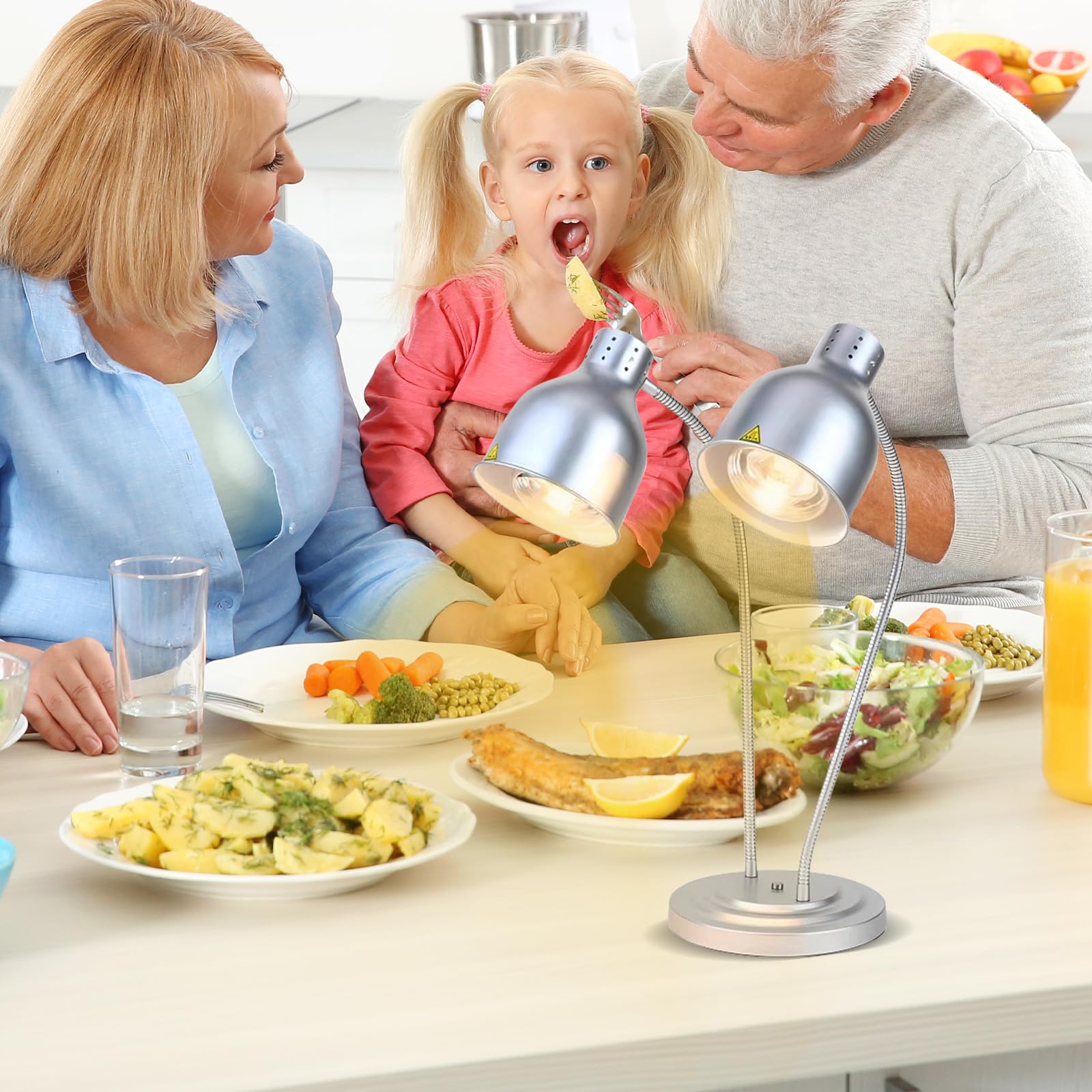 Lampe chauffante de cuisine - 250 W - Lampe infrarouge - Double tête - Autonome - Pour buffets, salle à manger, hôtels, commerciaux, maintien au chaud - Argenté