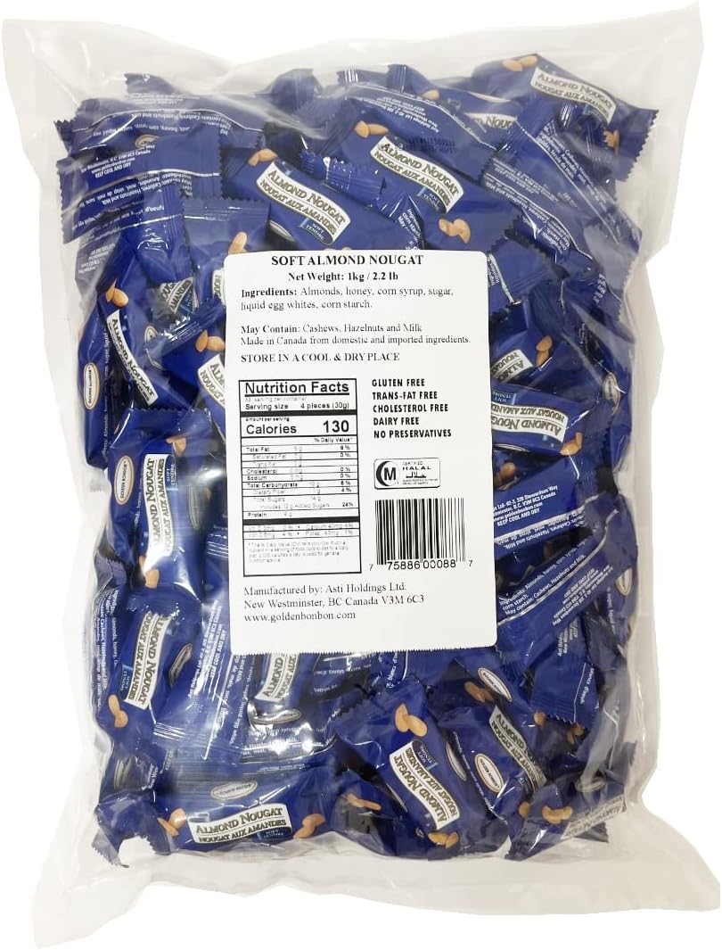 Italian Soft Almond Nougat Candy, Individually Packed Chewy, Gluten Free Nougat, Full of Almonds, Halal Candy (2.2 Lb, Almond)