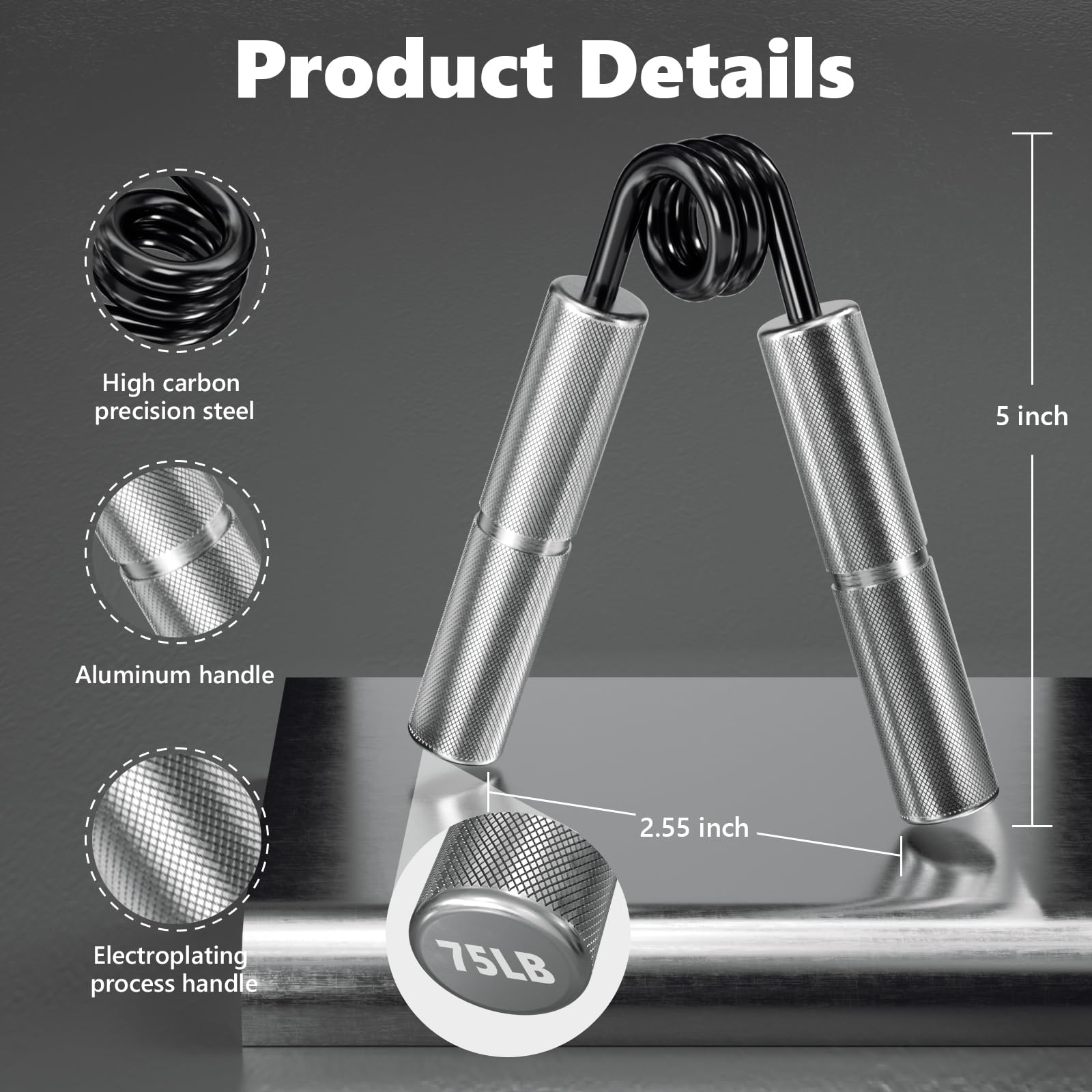 Professional Hand Grip Strengthener Trainer Kit, 125-175LB Metal Hand Gripper with 2 Finger Stretcher & 2 Grip Ring Wrist Foream Strengthener Exercise Workout Trainer for Professionals (Silver)