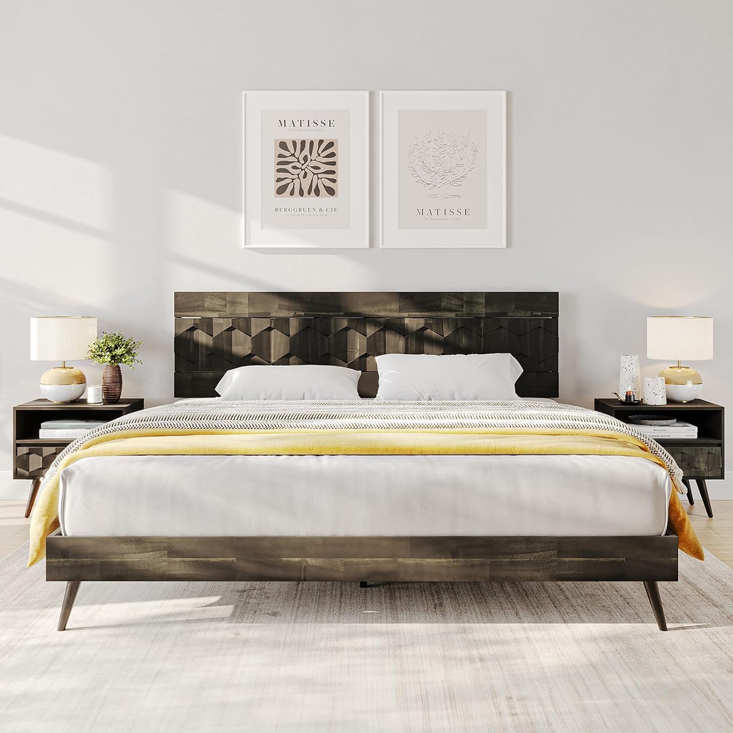 Bme Georgina King Size Bed Frame and Headboard Signature Handcrafted Geometric US Patent Pending Design Solid Wood No