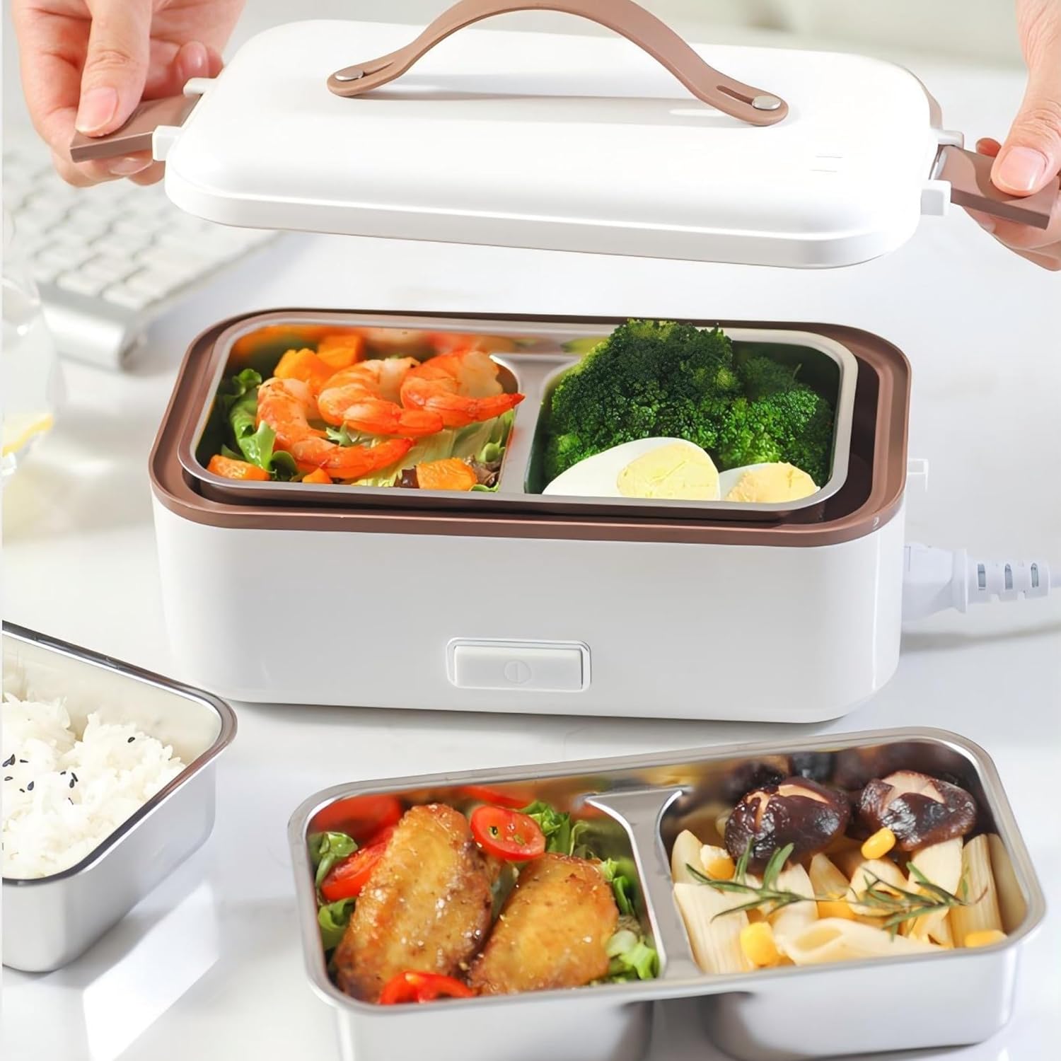 Zerodis Electric Lunch Box, 0.8L PP Stainless Steel Double Layer Food Warmer with Measuring Cup Portable Food Heater for Home Office Car