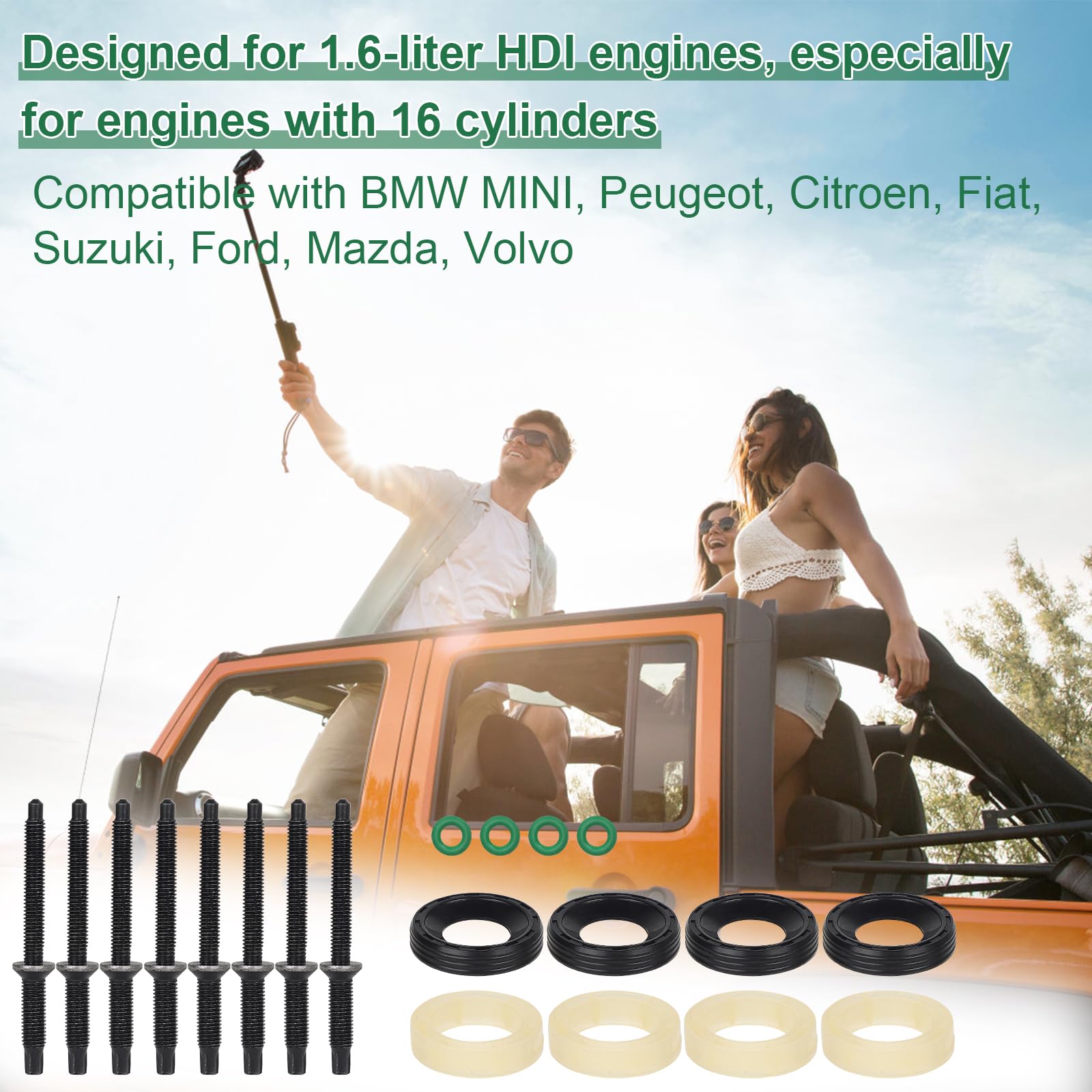 EFUTURETIME 1.6 HDI Diesel Iniettore Set di Guarnizioni con 8 Viti, Iniettori O-Ring Kit 198185 198299 1982A0 Compatibile con Citroen, Peugeot