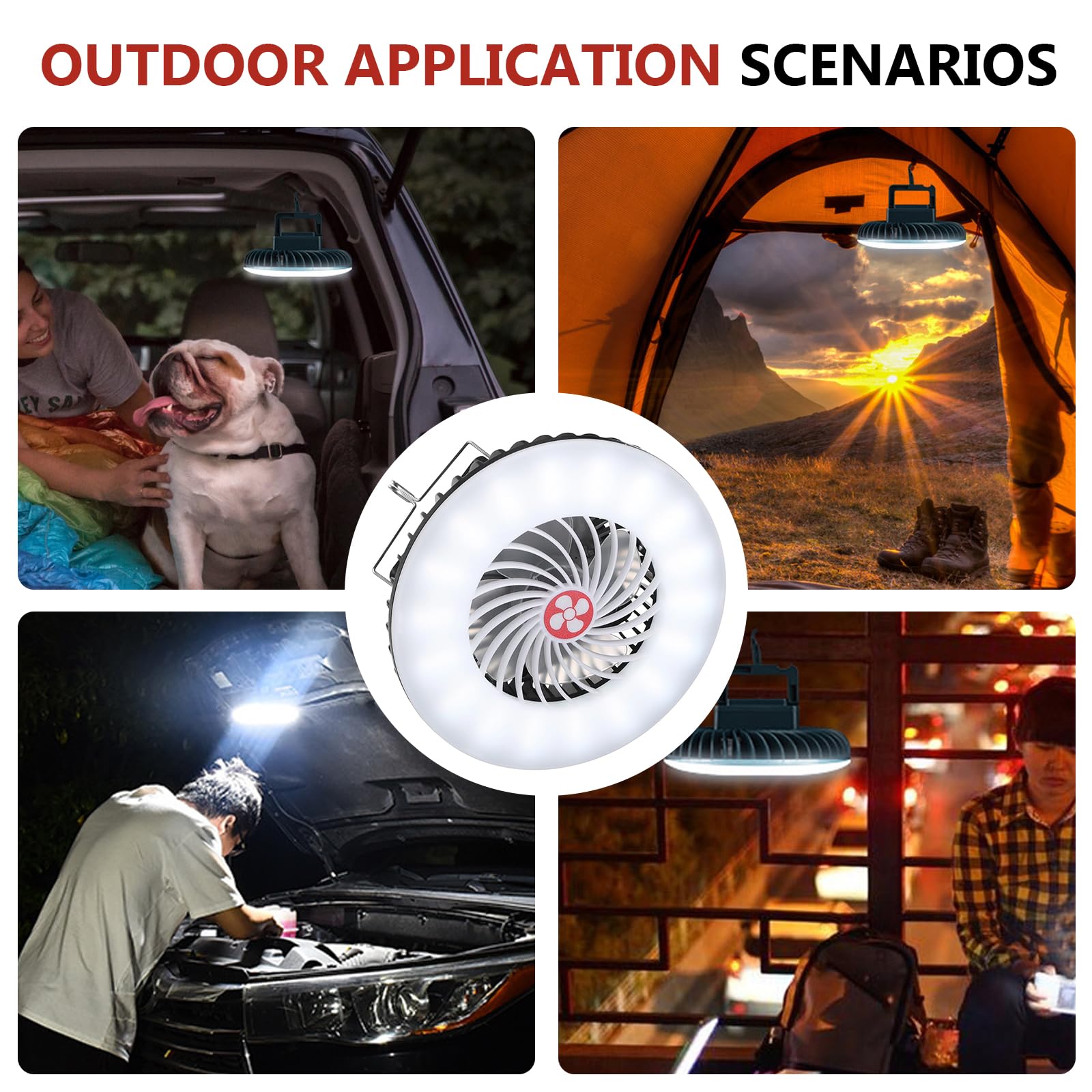 PORFOYO Lampada da campeggio a LED con ventilatore USB ricaricabile, ventilatore da campeggio con luce a LED, 1200 mAh, ventilatore da campeggio, ventilatore USB con luce per esterni, pesca