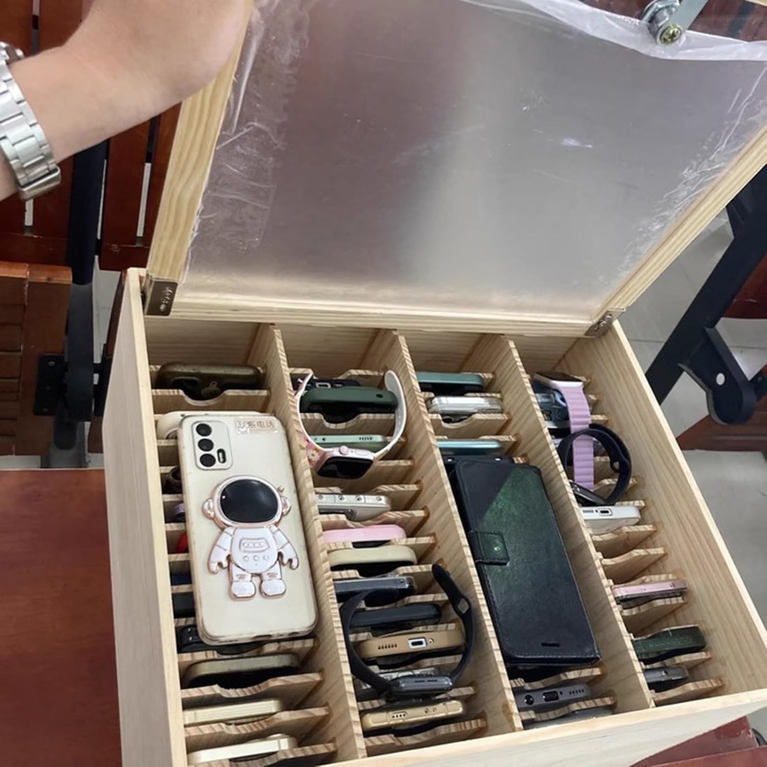 Wooden Cell Phone Locker with Charging Hole - Large Capacity Organizer for Classroom, 48 Slots Safe Deposit Box for Phones, Ideal for Schools and Offices