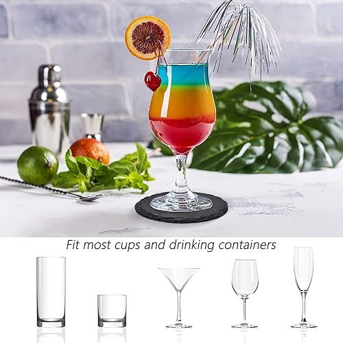 Miniatura 7 de Juego de 4 posavasos redondos de pizarra para bebidas, 4 pulgadas, grabado láser, posavasos de piedra de pizarra negra con parte inferior