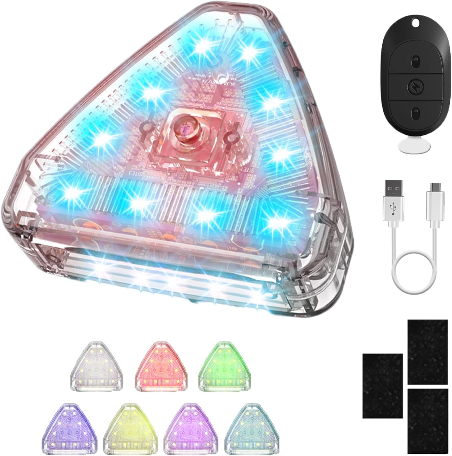Contents of the Quincry Wireless LED Strobe Light package including the light, remote, charging cable, and velcro pads.