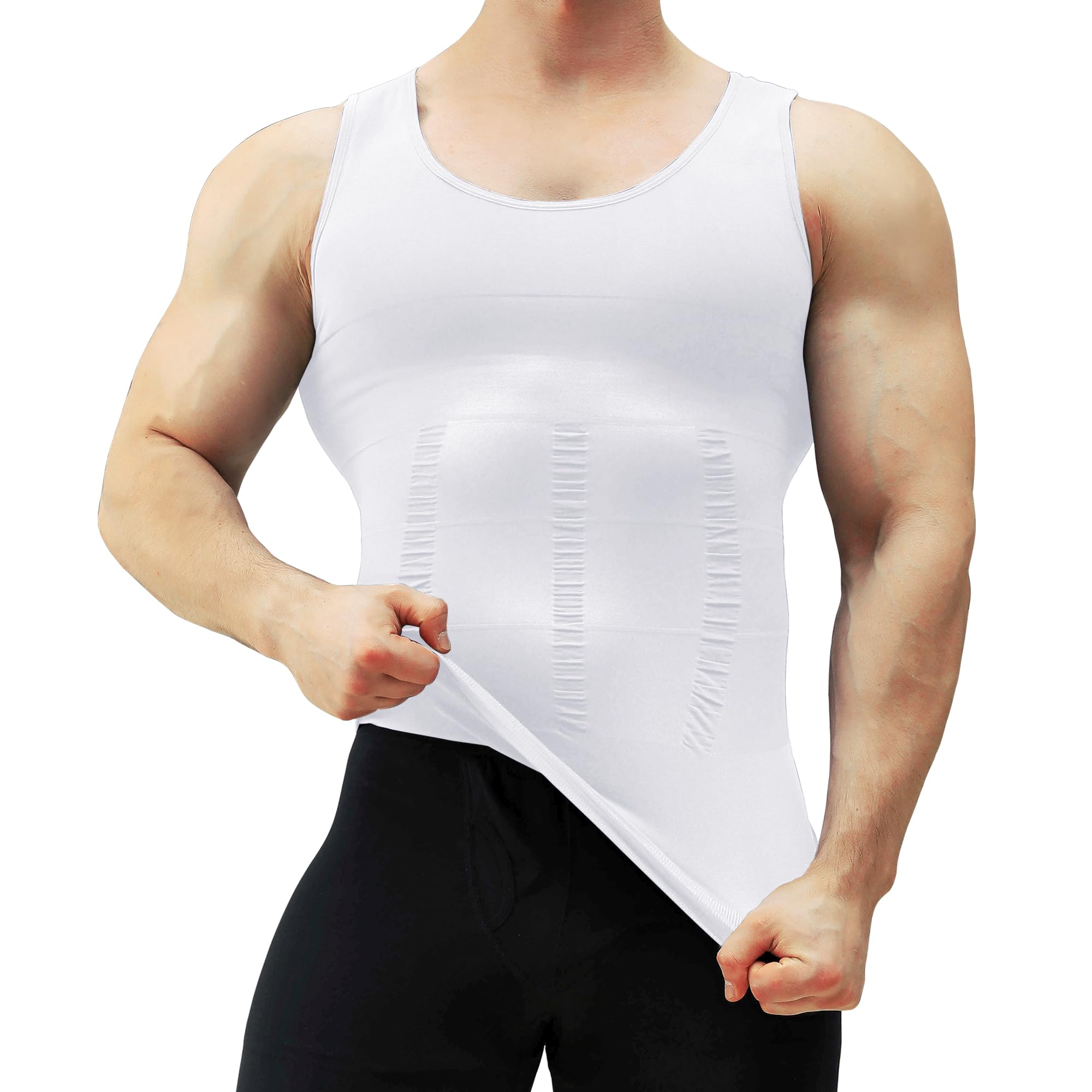 MEETYOO Koszulka kompresyjna męska typu tank top, bielizna modelująca bez rękawów, koszulka na siłownię, sport, podkoszulek dla mężczyzn, bodybuilding, trening, body Shaper, biały, XL