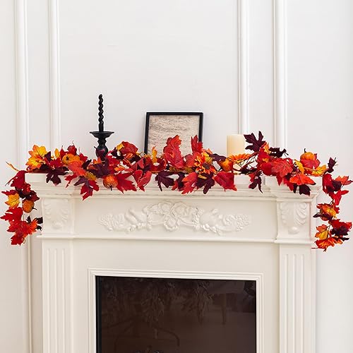 Miniatura 4 de Guirnalda artificial de otoño con hojas de arce, calabazas y bayas, guirnalda de otoño naranja de 7 pies para Acción de Gracias, chimenea de