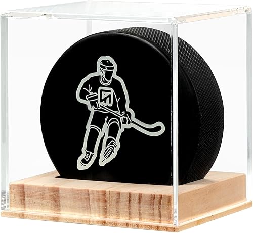 Estuche de exhibición de discos de hockey acrílico, transparente, soporte para disco de hockey sobre hielo, caja de soporte con base de madera,