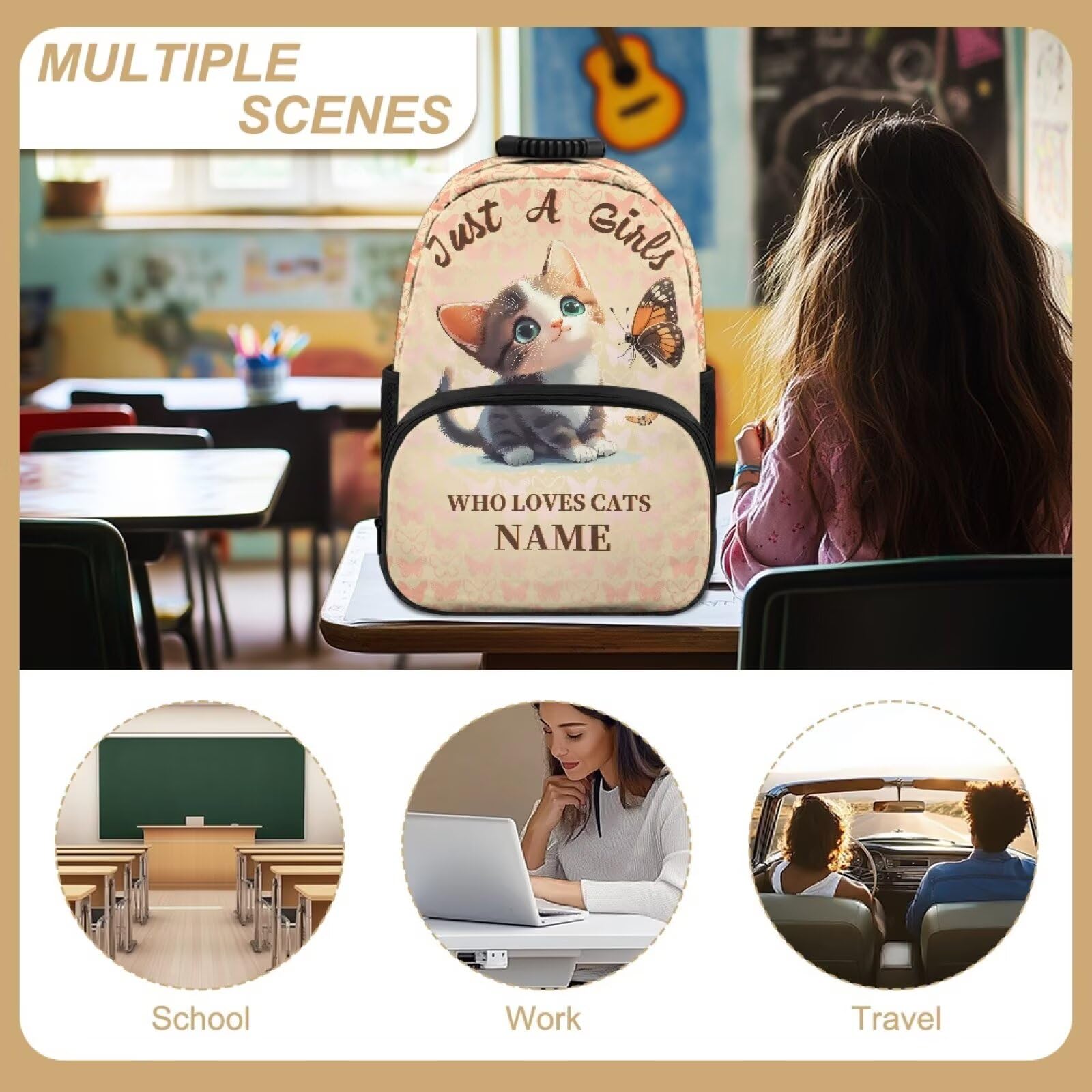 COEQINE Mochila personalizada para niñas para la escuela, mochila de 15 pulgadas para niños, mochila escolar preescolar para niñas pequeñas a las que les gusta el gato con nombre, mochila de viaje
