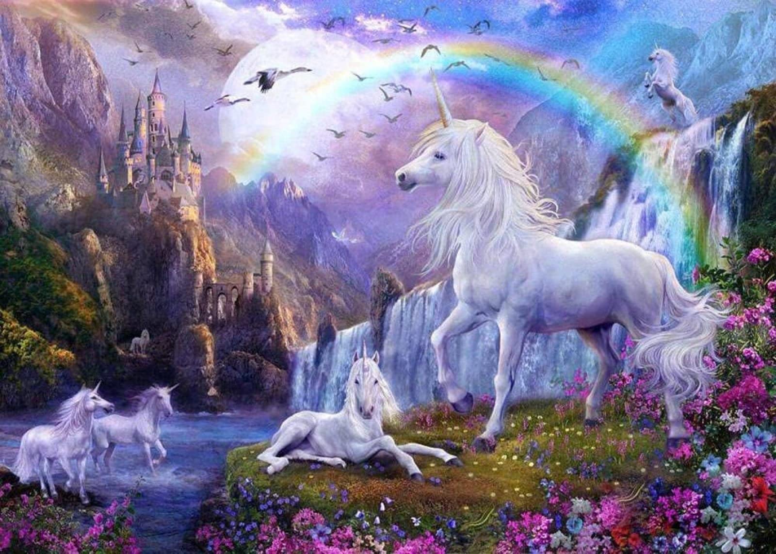 XLMING Rainbow Unicorn Waterfall Castle Decoration Mural Mural Custom 3D Wallpaper Paste Living Room The Wall for bedroom200cm×140cm