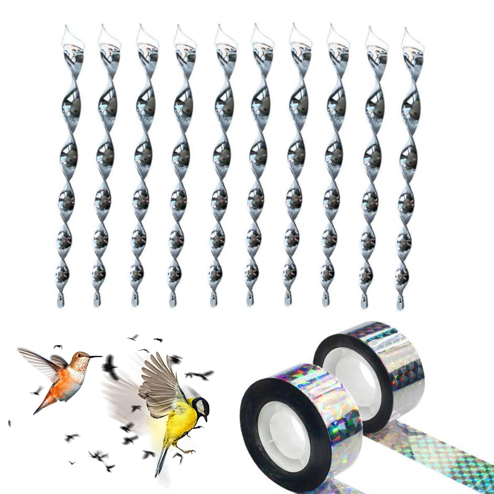 Set of Ten Spiral Sticks and Two Rolls of Deterrent Ribbons, Pigeon Deterrent Bird Scarer, Bird Scarers for Gardens and Roofs, Bird Repellent Devices with Reflective Ribbons for Garden Farm Orchard