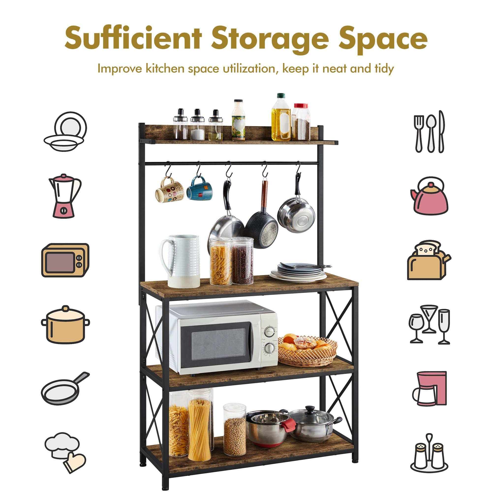 Yaheetech Étagère de Cuisine avec 4 Étagères et 5 Crochets Étagère pour Micro-Ondes Meuble Auxiliaire de Cuisine Étagère de Boulangerie Industrielle 92 x 34 x 160 cm
