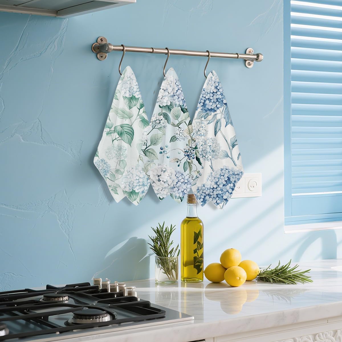 3Pcs Artistic Blue Hydrangea Kitchen Towels, Elegant Decorative Absorbent Microfiber Dish Cloth Tea Towel, Durable Hand Towels for Farmhouse Home Bathroom, Housewarming Gifts - Image 5