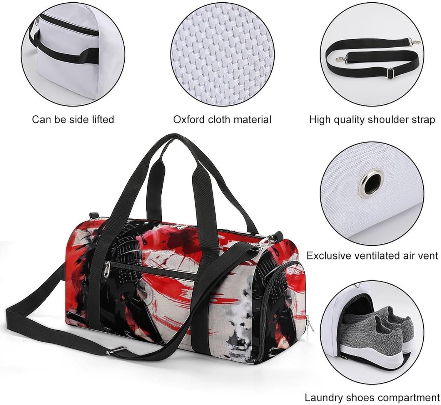 Japan Samurai Sport Gym Bag for Men Women Japanese Flag Travel Duffel Bag with Wet Pocket Shoes Compartment Carry on Pack for Workout Overnight Weekend Trip