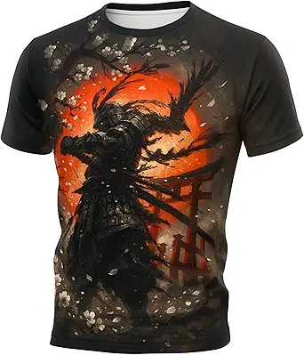Blissboy Funny Japanese Samurai T-Shirt Novelty Short Sleeve Crewneck Shirt