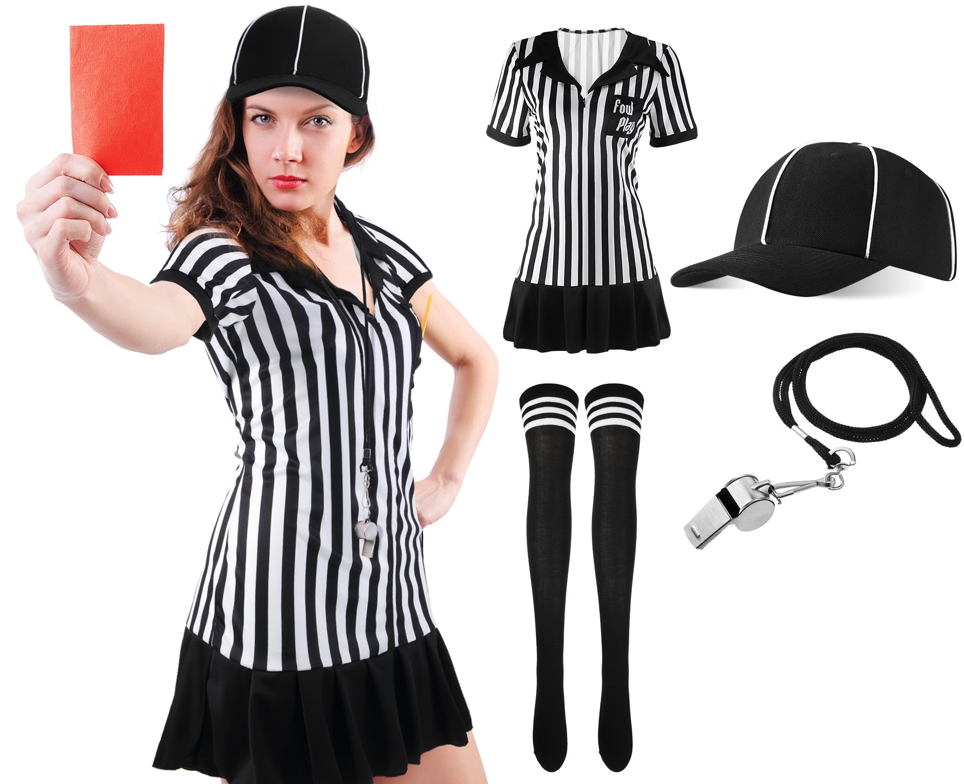 Redgino 5 Pcs Women Referee Costume Set Sexy Long Zipper Ref Shirt Skirt Hat Socks