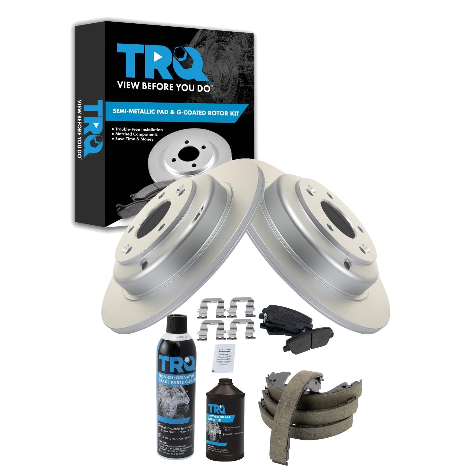 TRQ Rear Brake Pad &amp; Rotor Kit, with Chemical Kit Parking Brake Shoe Set Semi-Metallic Compatible with 2010-2014 Hyundai Genesis Coupe