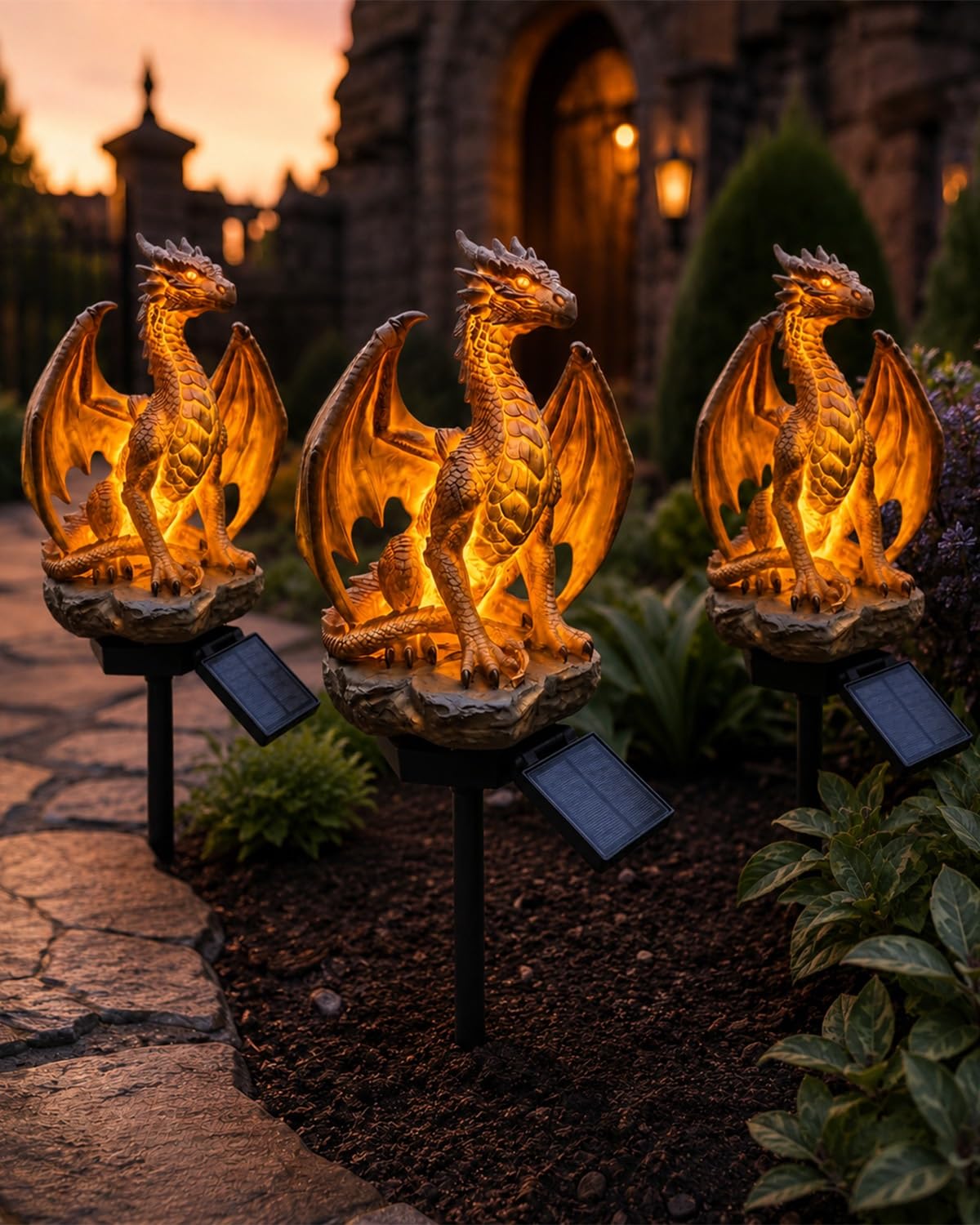 Luci Da Giardino Con Drago Ad Energia Solare, Lampada Per Statuette Da Esterno Con Braci Dorate, Decorazioni Per Statue Da Giardino Di Fantasia Gotica Medievale, Ornamento In Resina