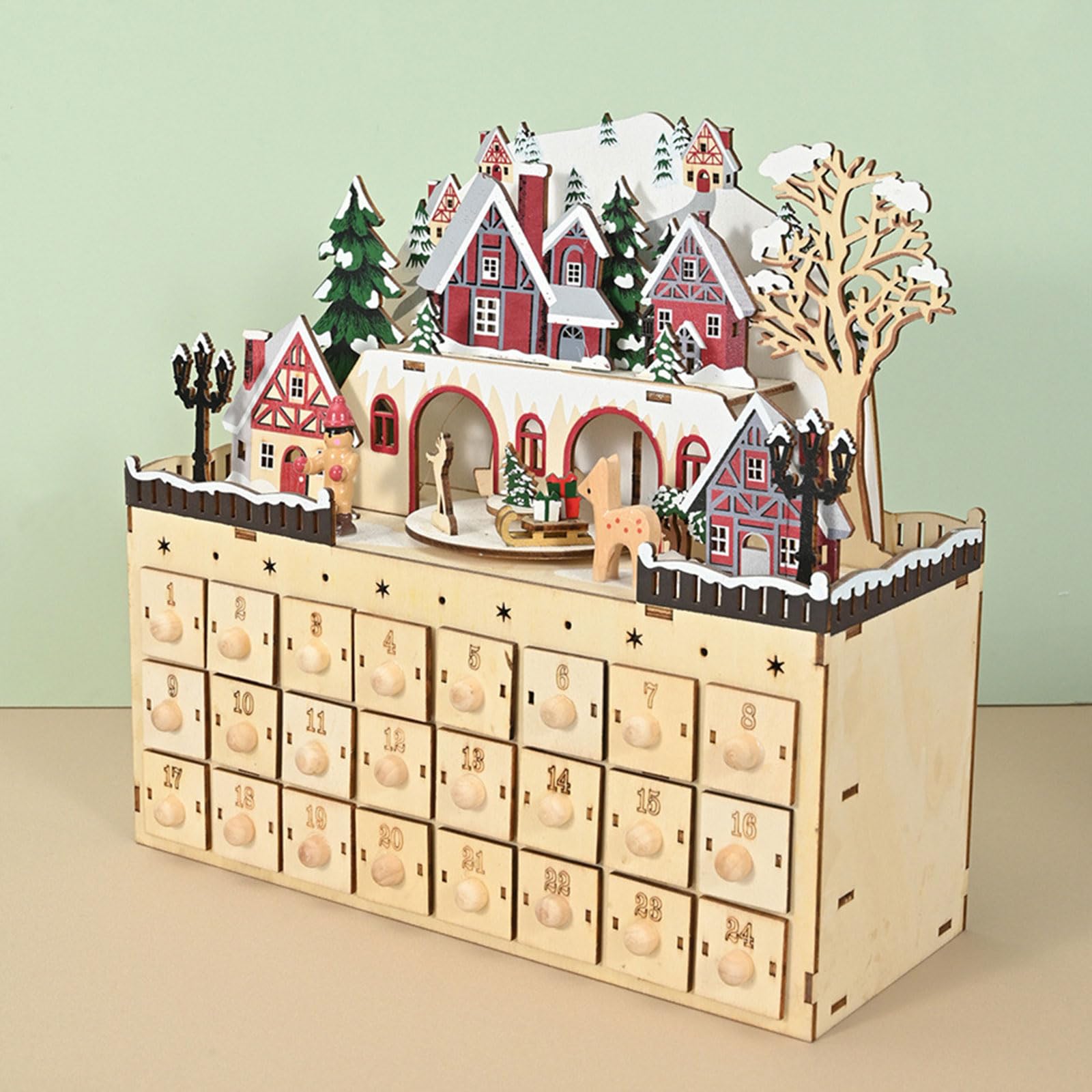 Gabinete de madera natural con calendario de Adviento de Navidad con 24 compartimentos de regalo, decoración de casa de pueblo, adorno de cuenta regresiva con compartimento