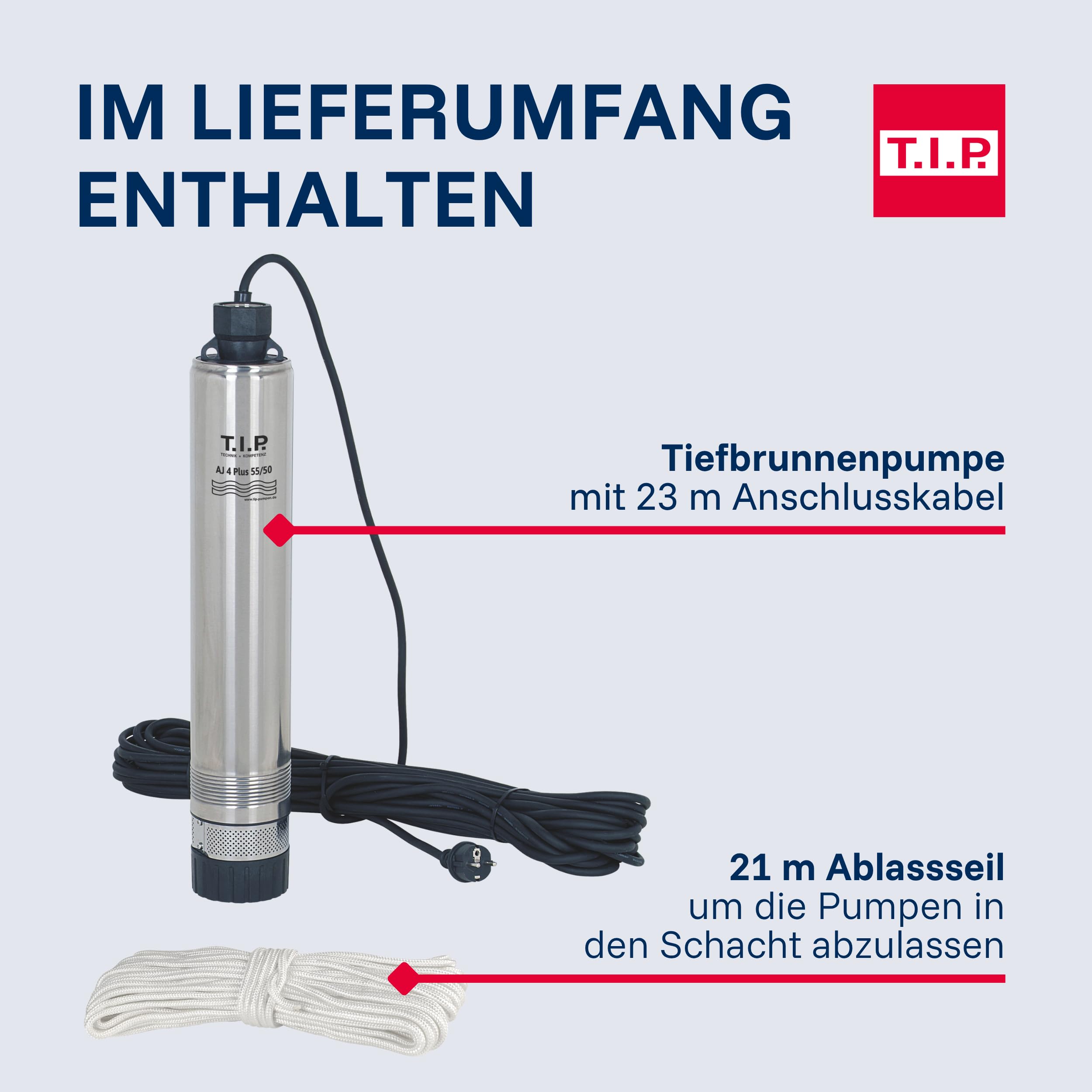 T.I.P. 30104 Tiefbrunnenpumpe AJ 4 Plus 55/50 800W 3300 l/h 50m 5,0 bar 20m Eintauchtiefe