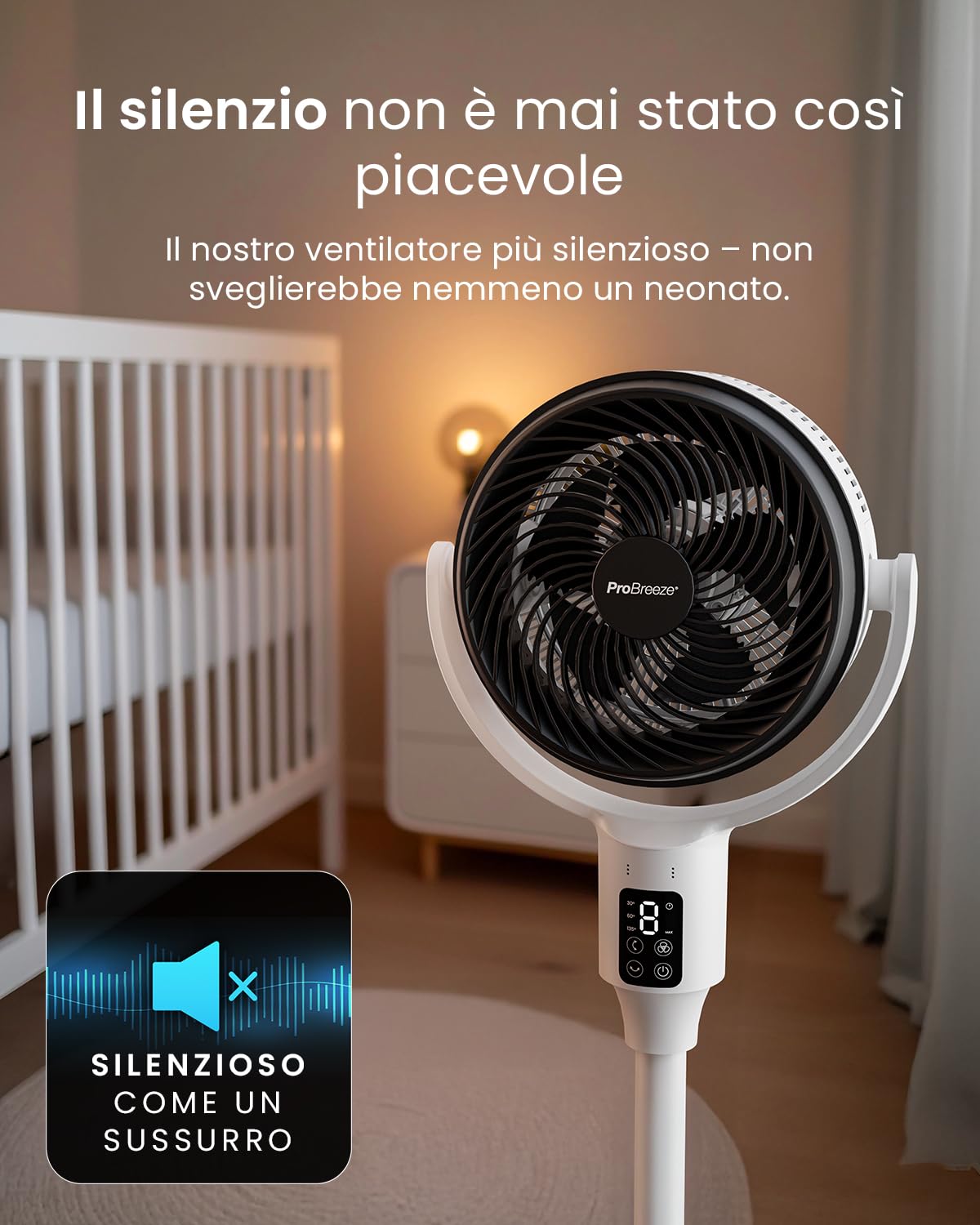 Pro Breeze AirFlo Ventilatore 20dB Ultra Silenzioso– 9 Velocità, Da Ventilatore a Piantana(109 cm) a Ventilatore da Tavolo(60 cm), Oscillazione Vortex 95°/135°, Casa e Ufficio, Telecomando