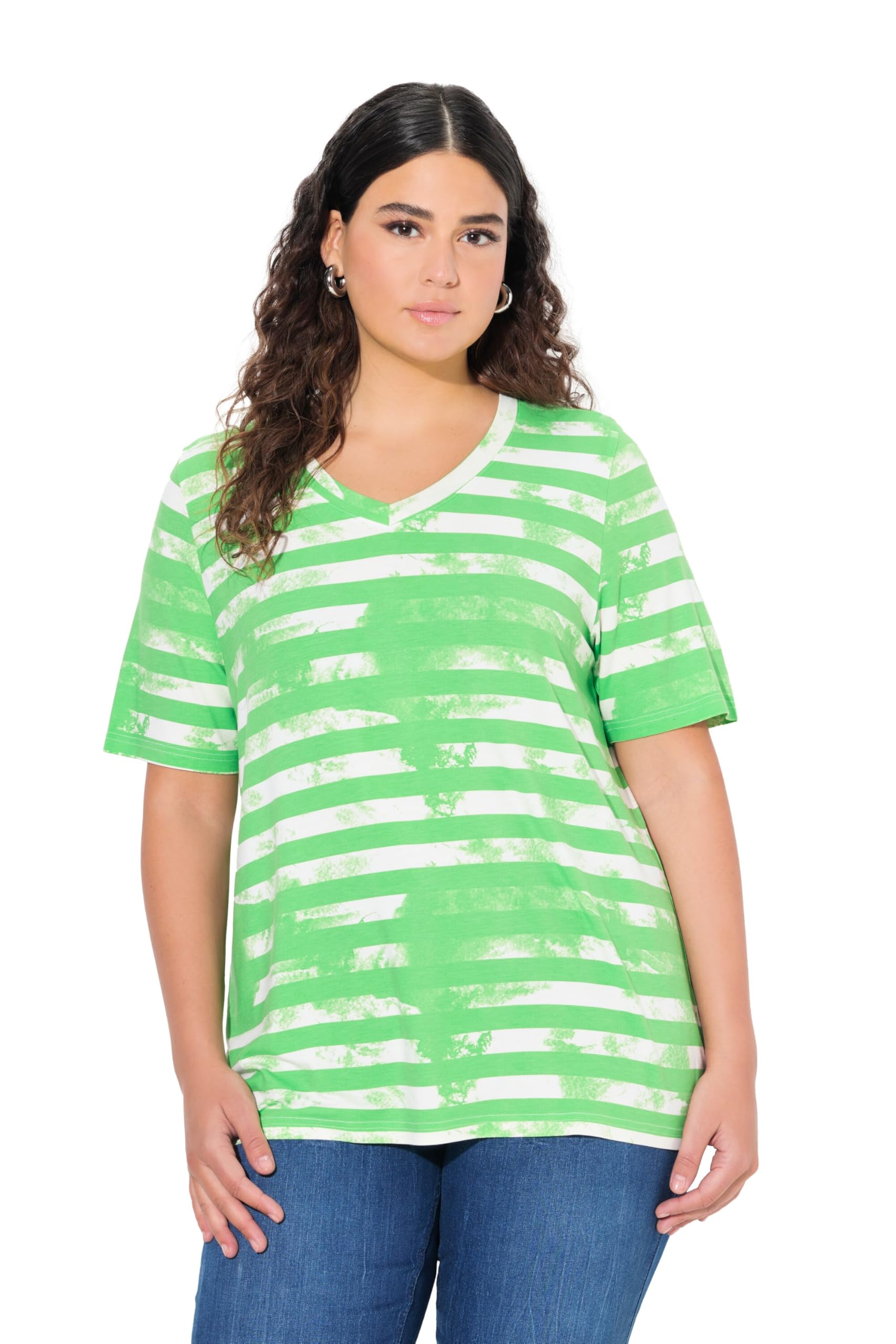 Ulla Popken Damen große Größen Übergrößen Plus Size T-Shirt, Streifen, Classic, V-Ausschnitt, Halbarm 835601