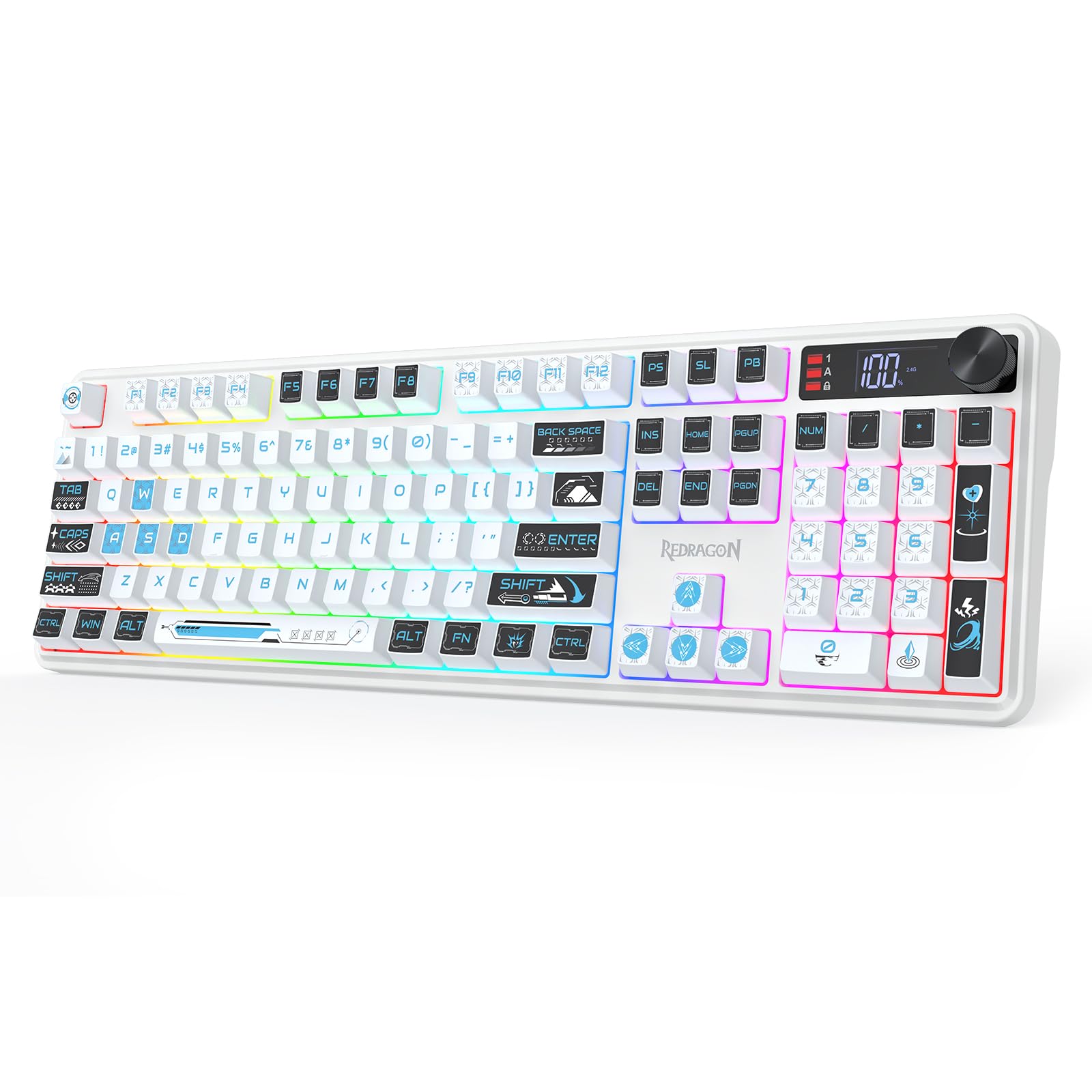 Redragon K526 Pro RGB Teclado Gaming Inalámbrico 104 Teclas Tacto Mecánico | Pantalla Información LED Control Perilla Retroiluminada Interruptor Lineal Suave Amplia Compatibilidad