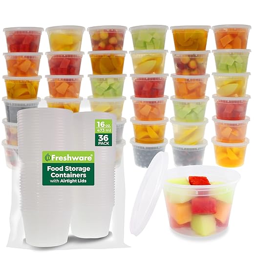 Freshware Food Storage Containers [36 Set] 16 oz Plastic Deli Containers with Lids, Slime, Soup, Meal Prep Containers | BPA Free | Stackable | Leakproof | Microwave/Dishwasher/Freezer Safe