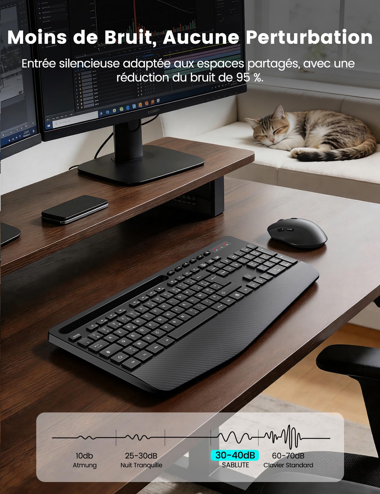 Ensemble Clavier et Souris sans Fil, Ergonomique Pleine Taille Clavier avec Repose-Poignet, Support, Mode Veille, 2,4 GHz Silencieux Clavier Souris pour Windows, PC, Laptop, AZERTY-KM23 (Noir)