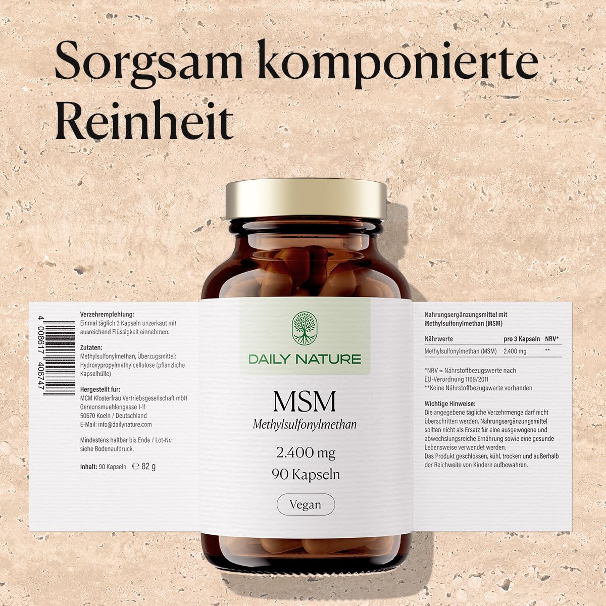 DAILY NATURE® Premium MSM Kapseln I 90 Kapseln hochdosiert mit 2400 mg MSM Pulver pro Tagesdosis I Nahrungsergänzungsmittel mit Methylsulfonylmethan I gluten- & laktosefrei I hochwertige Inhaltsstoffe