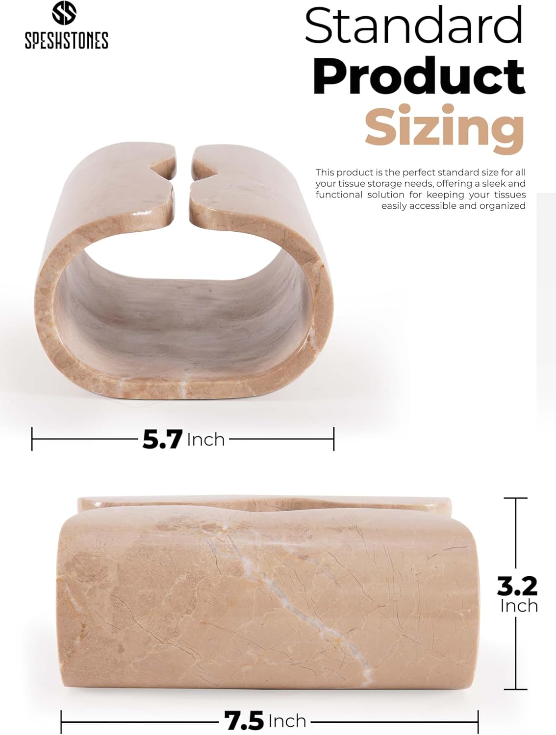 Marble Tissue Box Cover 7.5 Inch Handmade Beige Stone Tissue Box Holder Rectangle for Modern Bathroom Decor & Home Organizer, Facial Tissues Boxes Holder for Bedroom & Living Room