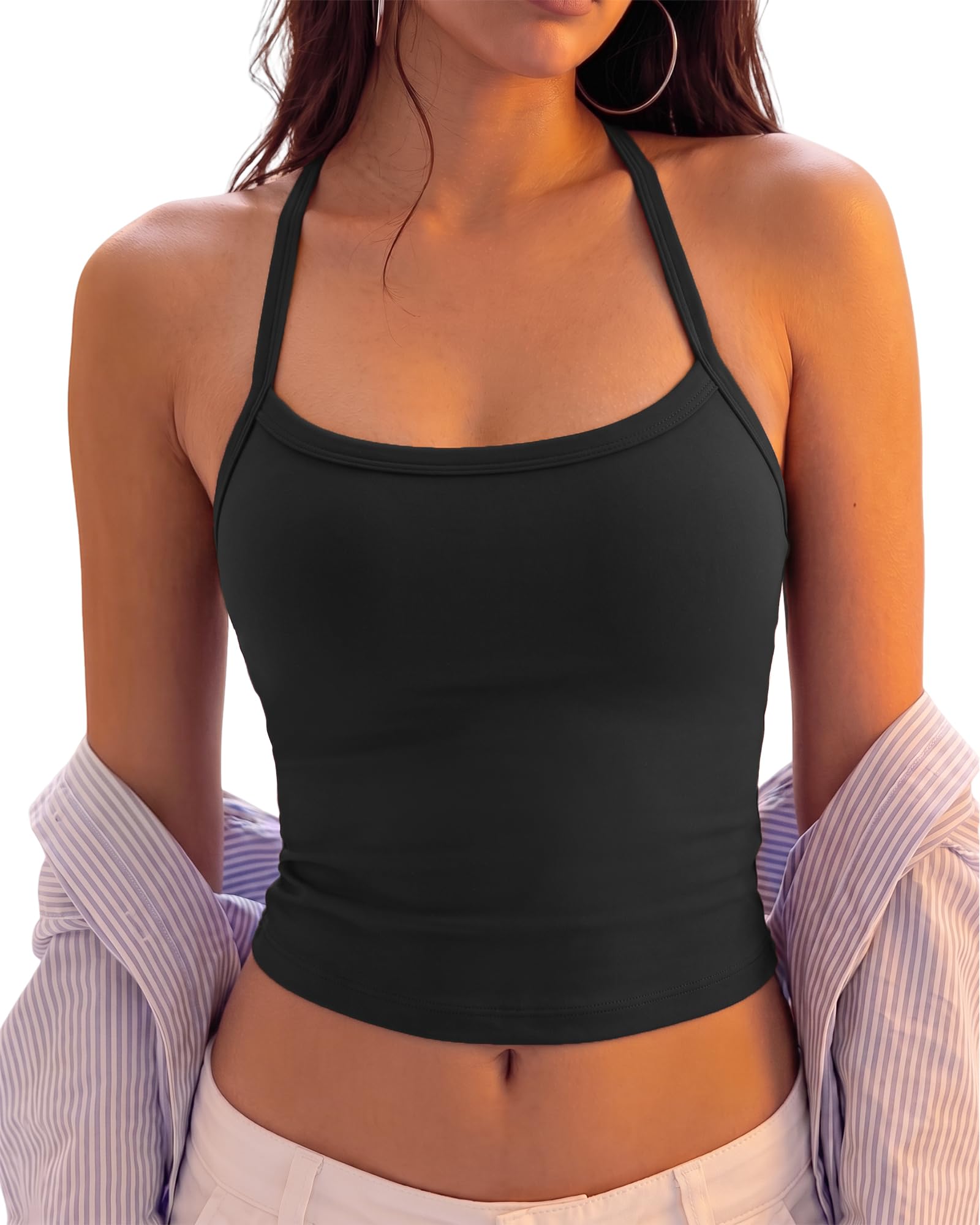 Photo 1 of Tank Top Built in Bra for Women - Sports Yoga Workout Tops Crop Halter Neck large