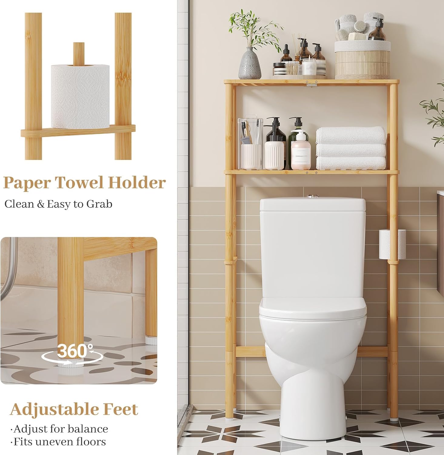 Over The Toilet Storage, Freestanding 2-Tier Bamboo Bathroom Shelves, Above Toilet Organizer for Home Washroom, Bathroom Decor (Natural)