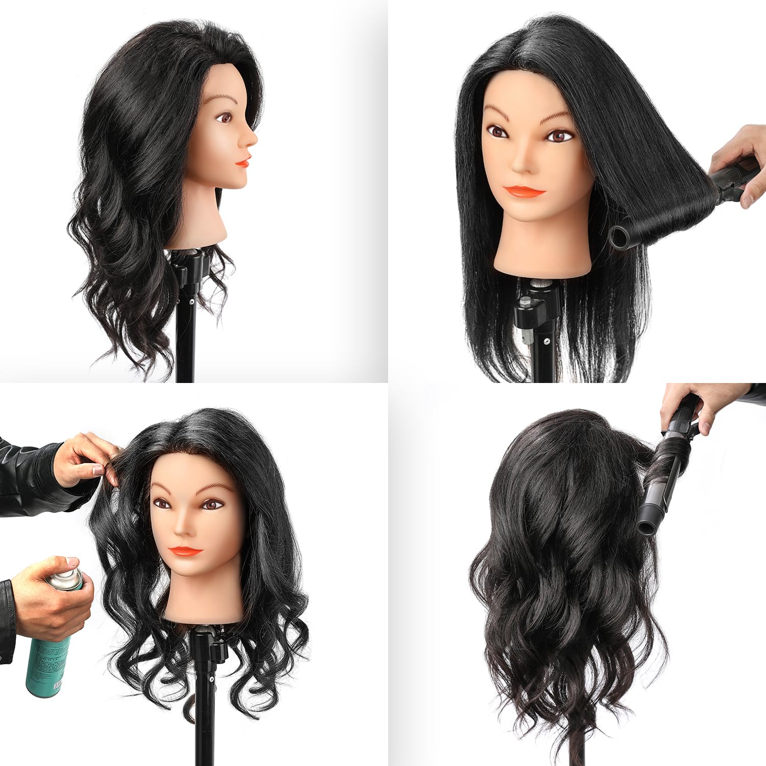 100% Human Real Hair Mannequin Head with Stand Hairdressers Practice Training Head and Cosmotology Doll Head for Hairstyling and Braid - Natural Black product thumbnail 3