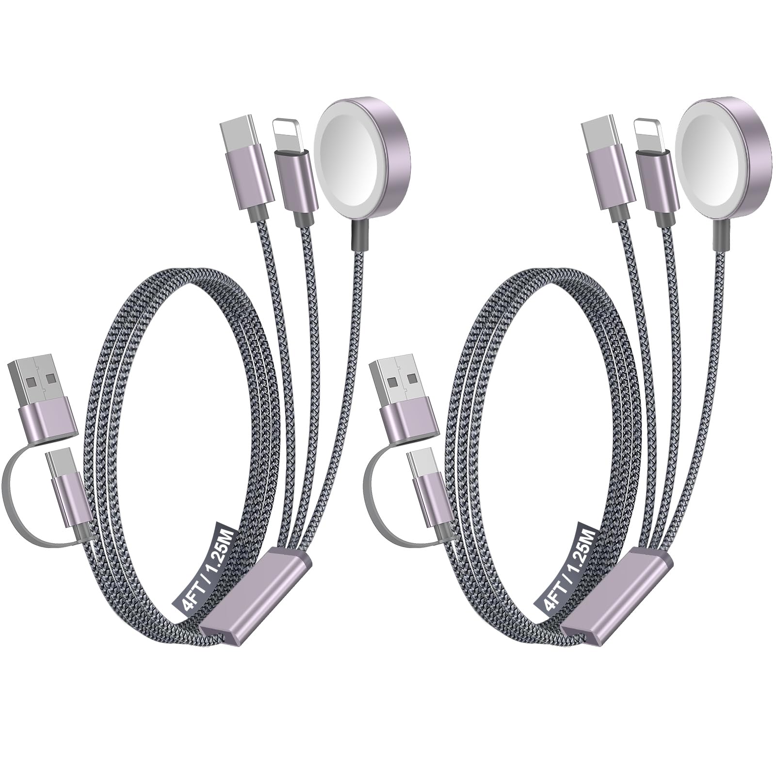 Cable de carga rápida múltiple (paquete de 2) para viajes, vacaciones, esenciales, cargador para Apple Watch, cargador para iPhone, cable Lightning 3 en 2 USB A tipo C para iWatch, iPhone 16, 11, Nintendo Switch, Airpods, hogar y oficina de 4 pies