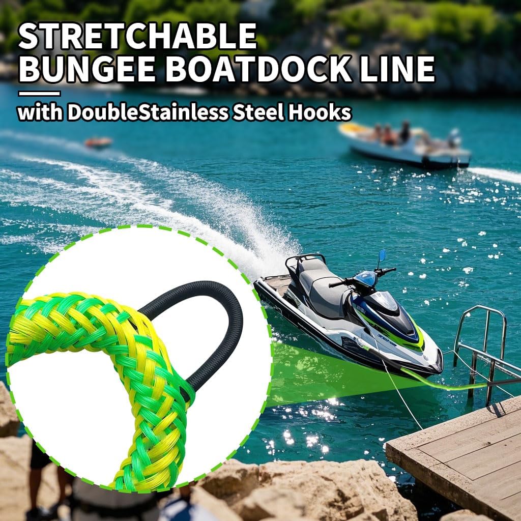 Bungee Boat Dock Line, Boat Rope with Double 316 Stainless Steel Clips Accessories for Bass Boat, Kayak, Pontoon, Watercraft, Waverunner, SeaDoo, Canoe,2Packs,4-6FT,Green