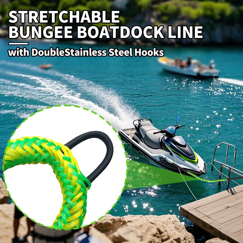 Lot de 2 cordes d'amarrage élastiques pour bateau avec double clips en acier inoxydable 316 pour basses, jet ski, kayak, ponton, embarcation, Waverunner, SeaDoo, canoë, vert