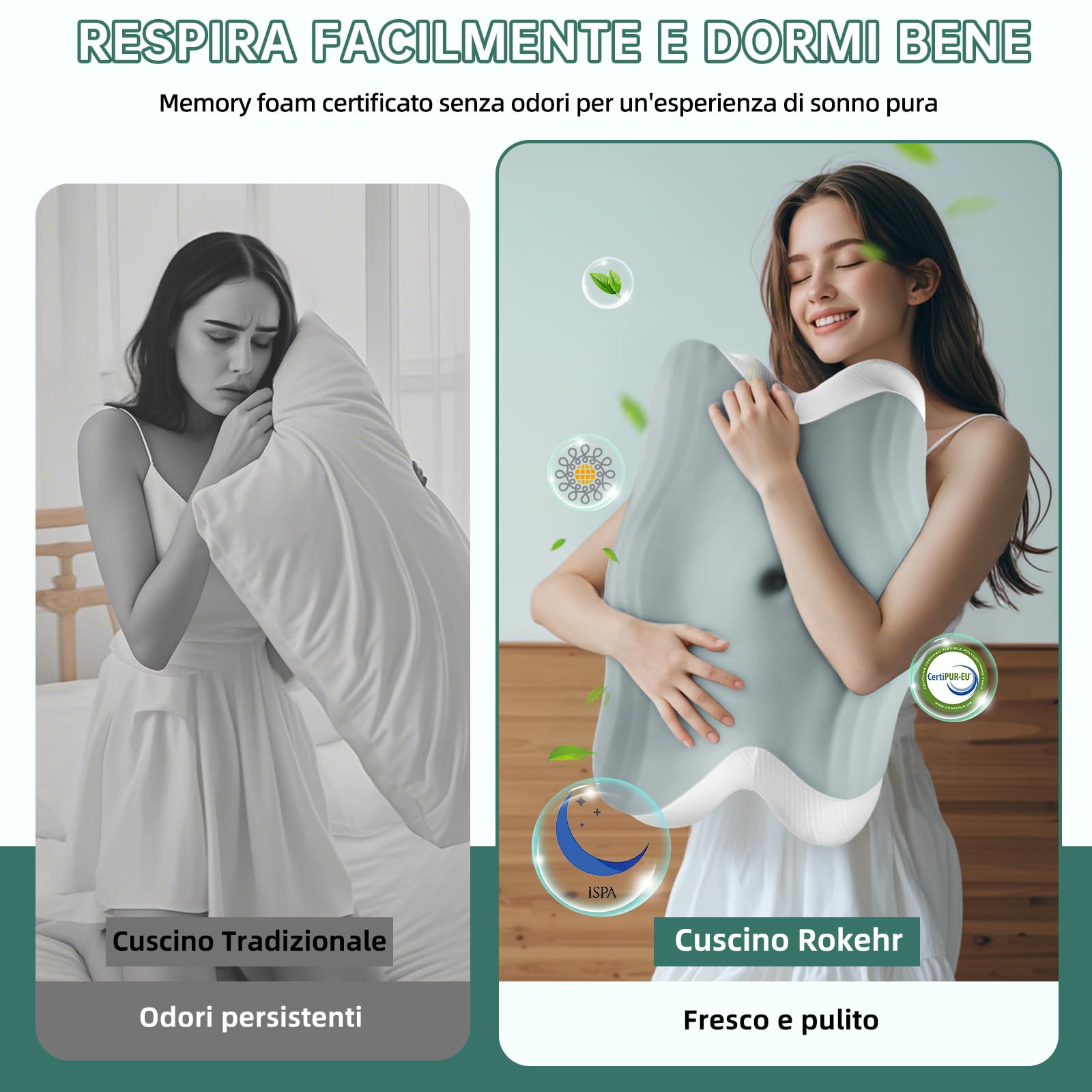 Cuscino Cervicale per Dormire, 2 in 1 Cuscino Cervicale Ortopedico, Cuscino Memory Foam, Cuscini Ergonomico Cervicale per Dormitori Laterali, Supini e Proni 62cm x 42cm x 13/11cm grigio chiaro