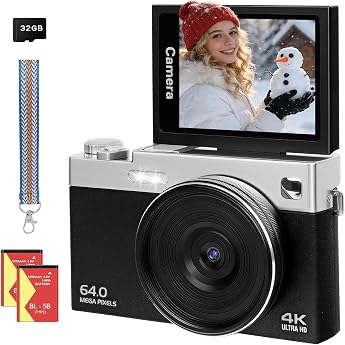 Digital Camera 4 K 64MP Camera 3 Inch Photo Camera 16X Auto Focus Digital Zoom Portable Digital Camera for Vlog 180  Foldable LCD Screen Camera 2 Batteries 32GB Card for Beginners Children Teenagers
