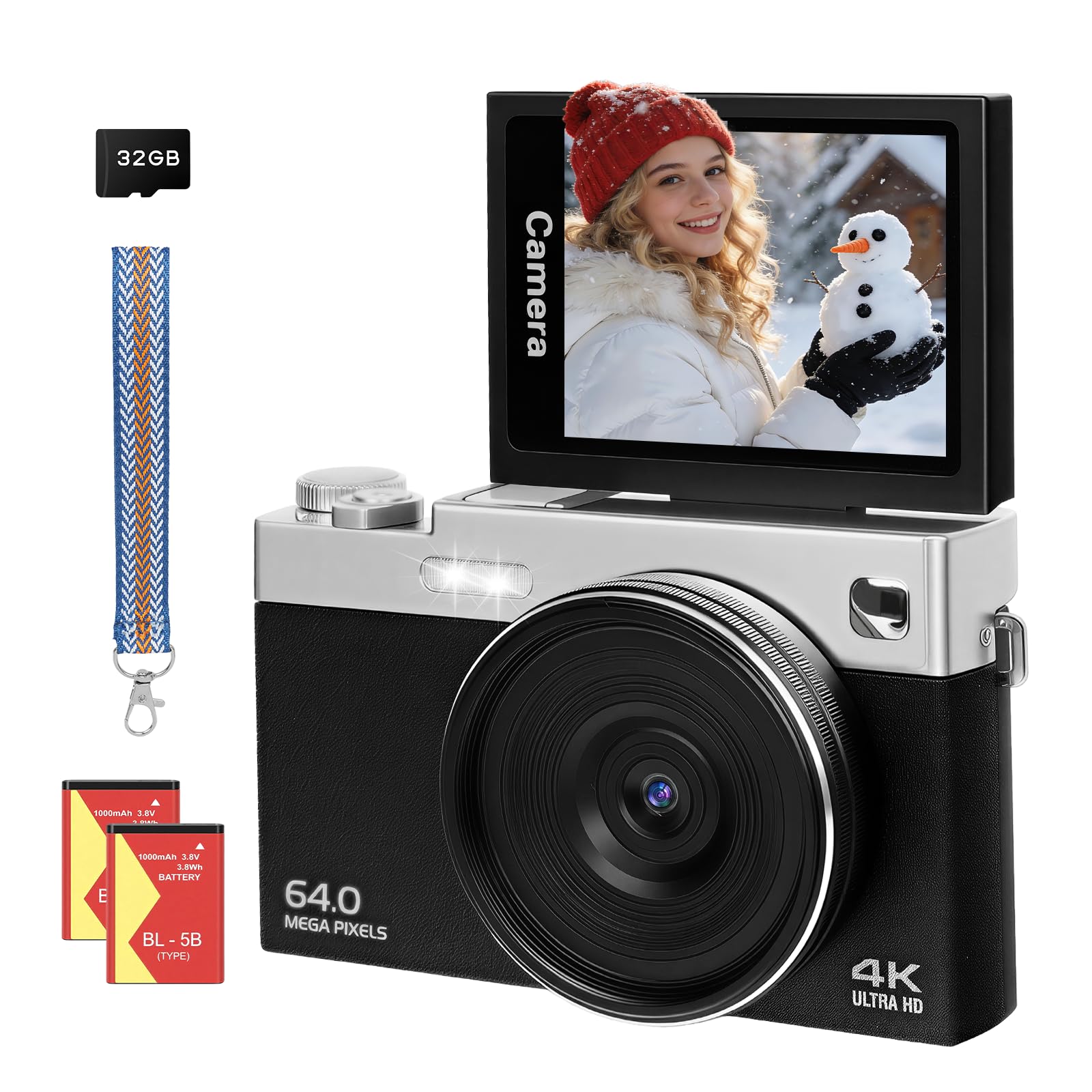 Cámara digital 4K 64MP Cámara de fotos de 3 pulgadas 16X enfoque automático zoom digital portátil cámara digital para Vlog 180° pantalla LCD plegable cámara de fotos 2 baterías 32 GB tarjeta para