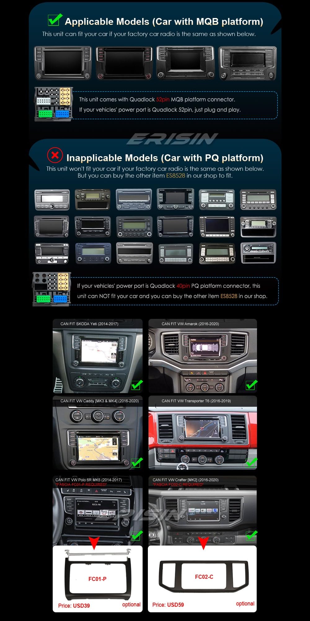 Erisin 4GB+64GB 8-Core 9 Pulgadas Android 14 GPS Navegación Coche Estéreo de Automóvil para VW Amarok Crafter Caddy Polo ŠKODA Yeti Transporter T6 Soporte CarPlay Android Auto Dab+ Bluetooth 5.0 WiFi