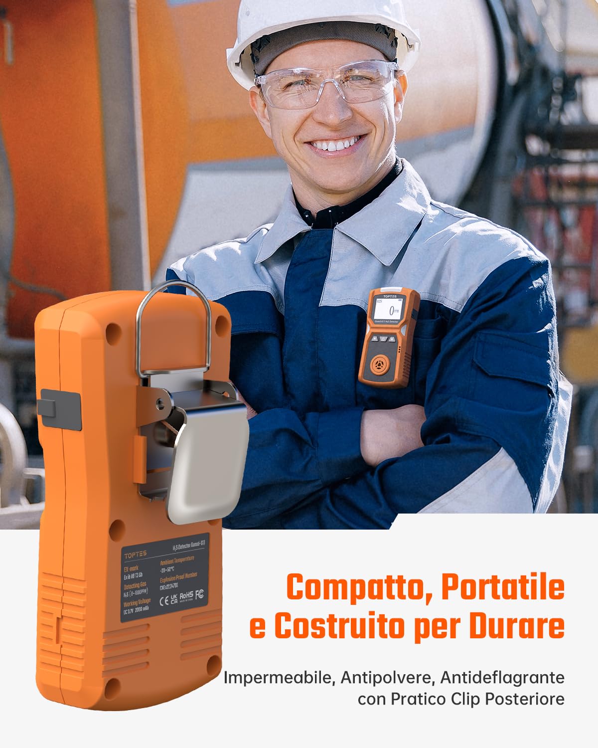 TOPTES Guard-611 Monitor H2S, Rilevatore di H2S con batteria ricaricabile e autonomia fino a 5 giorni, avviso batteria scarica, design sicuro e antideflagrante, 0-100PPM-Arancione