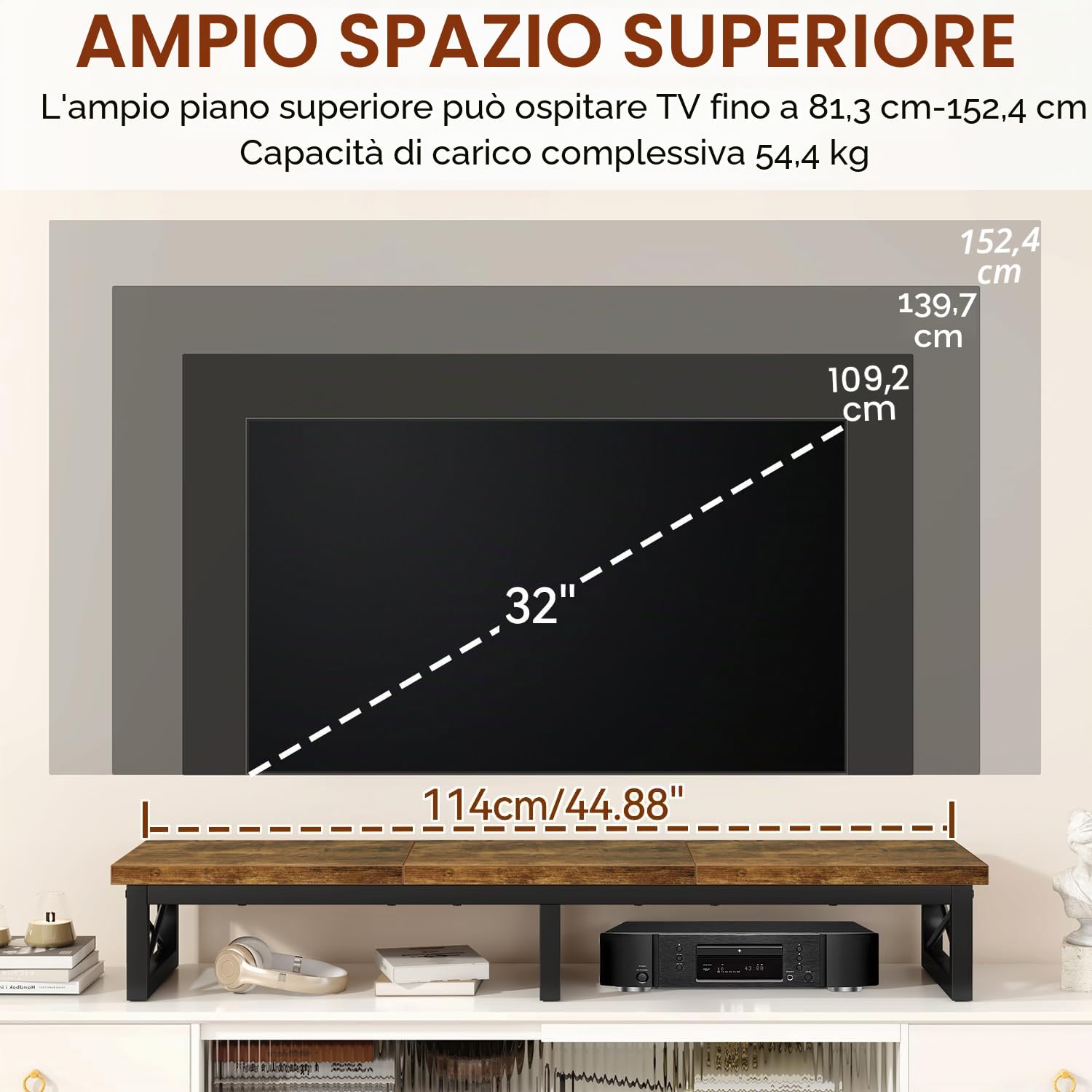 IBUYKE Mobile TV da 32-60 inch TV, Mobiletto Basso per TV a 2 Ripiani,scrivania per ufficio a doppio schermo,Mobile TV per Soggiorno e Camera da Letto,Marrone rustico TVT002H
