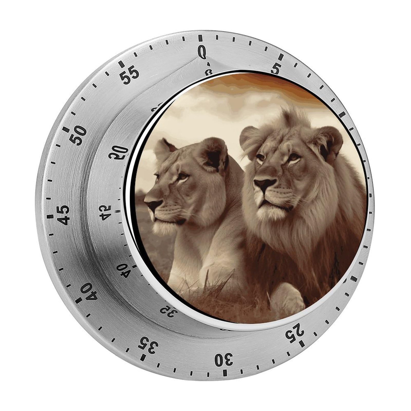African Lion and Lioness Visual Timer with Loud Alarm 60-Minute Kitchen Timers Exquisite Stainless Steel Body - Mechanical Desk Timer Countdown Clock for Cooking Chef Clock